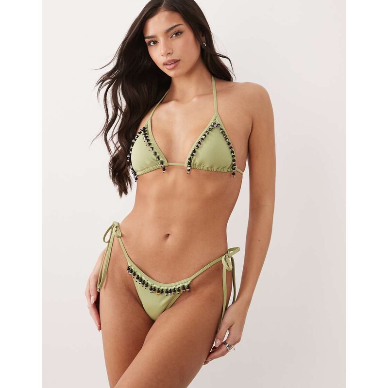 ASOS DESIGN Bea beaded Rio high leg tie side bikini bottom with fringe 115529517