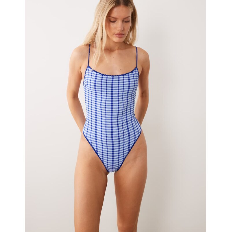 ASOS DESIGN Gigi textured scoop neck high leg swimsuit in blue gingham 115529523