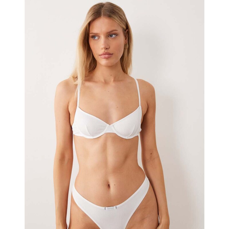 ASOS DESIGN Nora rib underwire bra with woven tab detail in white-No 115529534