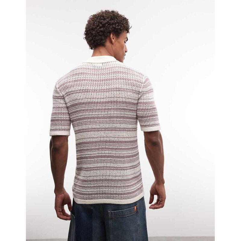 ASOS DESIGN knitted stripe zip up polo in ecru and purple-Multi