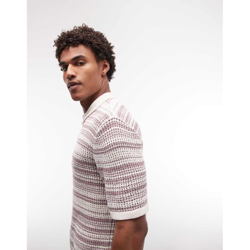 ASOS DESIGN knitted stripe zip up polo in ecru and purple-Multi