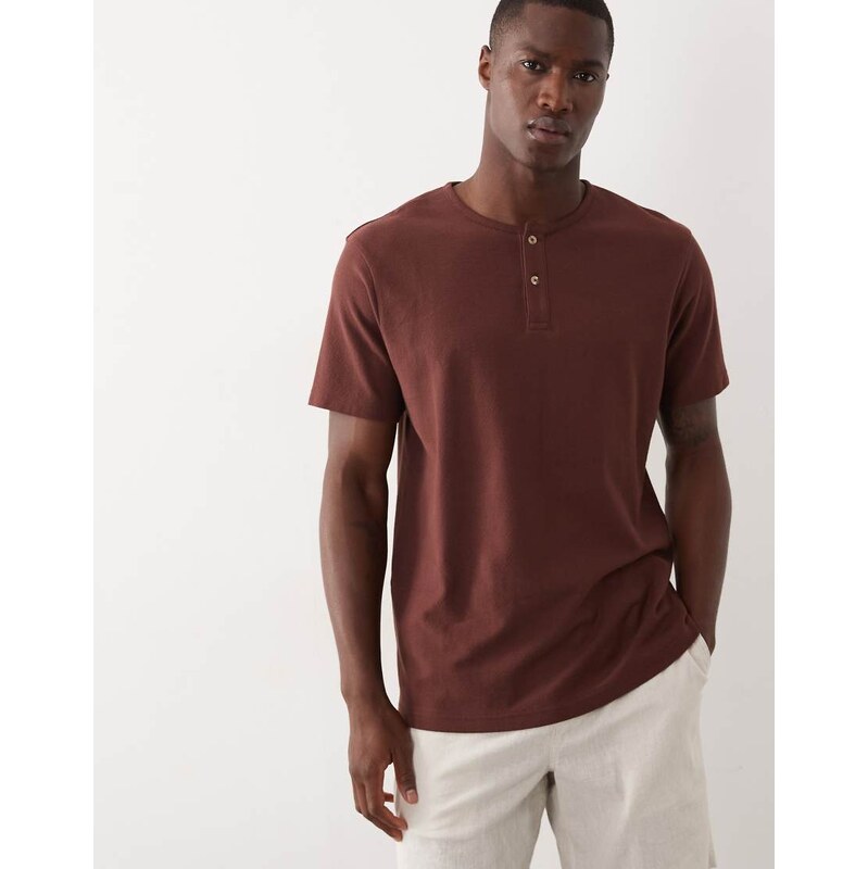 ASOS DESIGN regular fit t-shirt with henley neck in brown texture