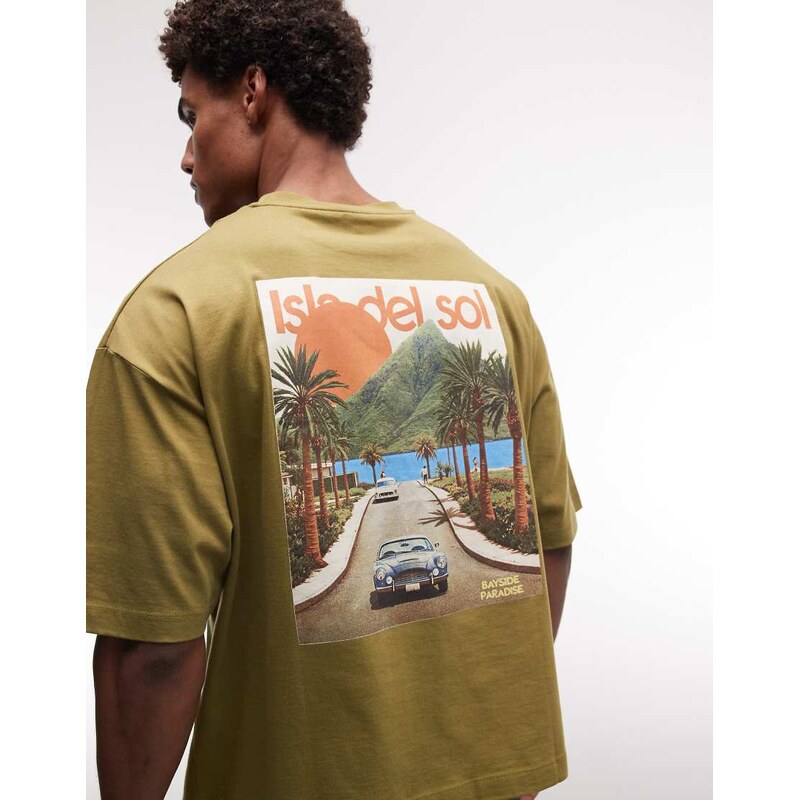 ASOS DESIGN oversized t-shirt with island graphic in olive-Green