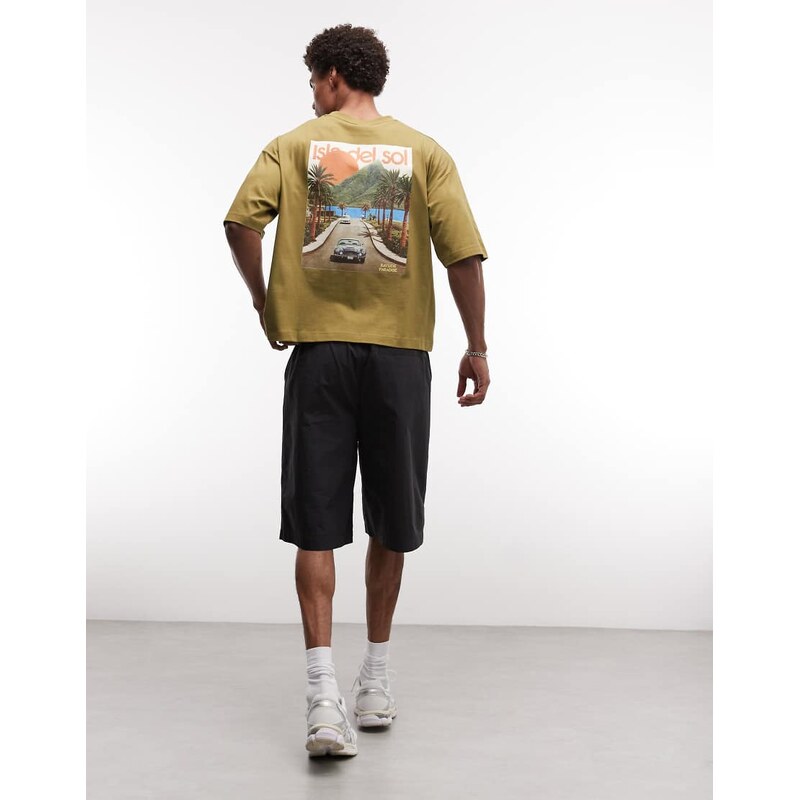 ASOS DESIGN oversized t-shirt with island graphic in olive-Green