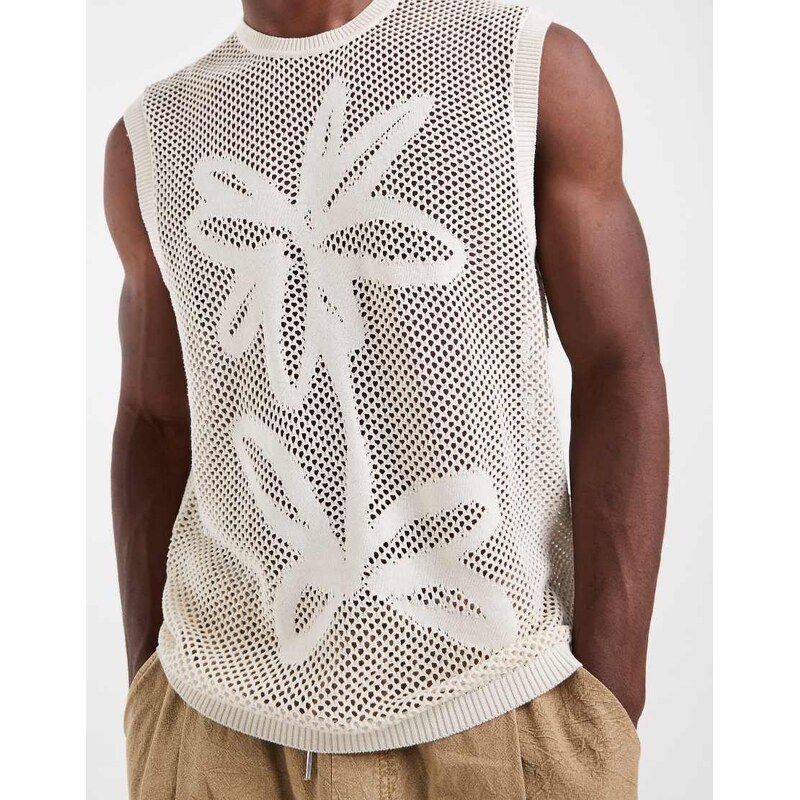 ASOS DESIGN knitted relaxed vest in ecru with floral pattern-White