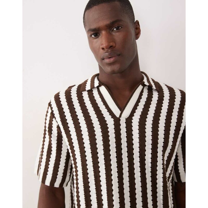 ASOS DESIGN knitted relaxed textured notch neck polo in ecru and brown stripe-Multi