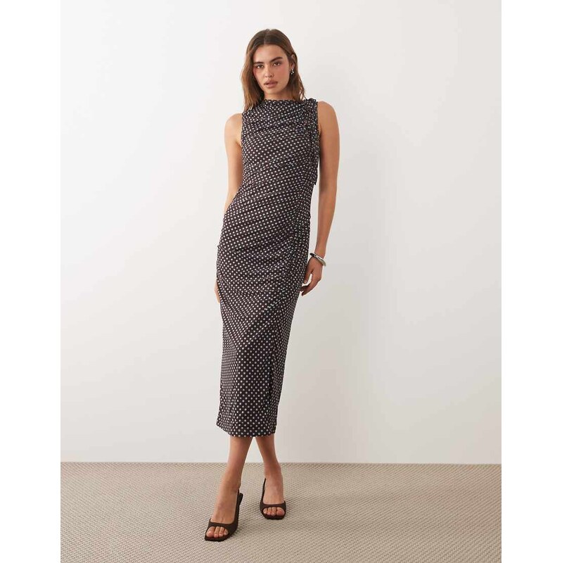 Ghospell mesh overlay sleeveless ruched detail slinky midi dress