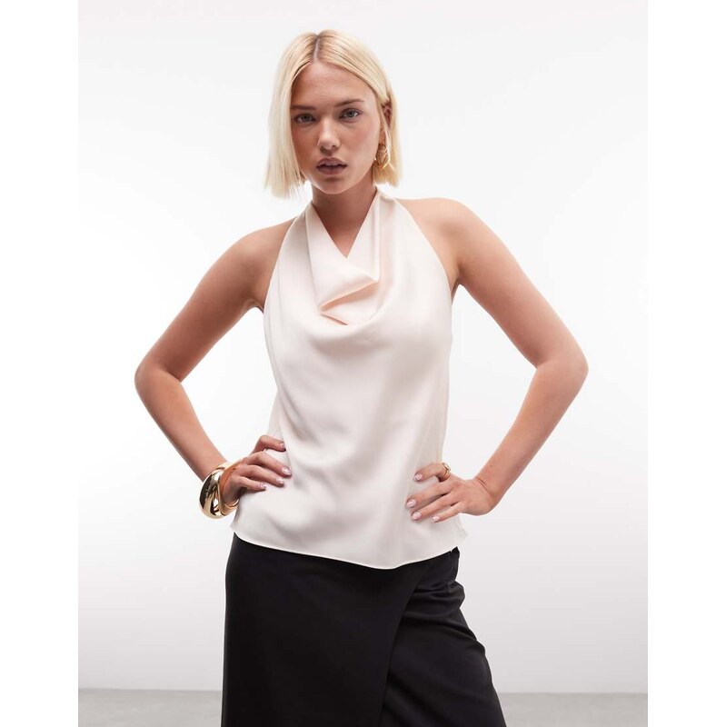 River Island satin halterneck top in cream-White 115529643