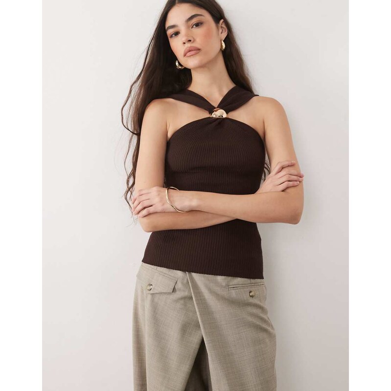River Island knitted halterneck brooch top in dark brown 115529644