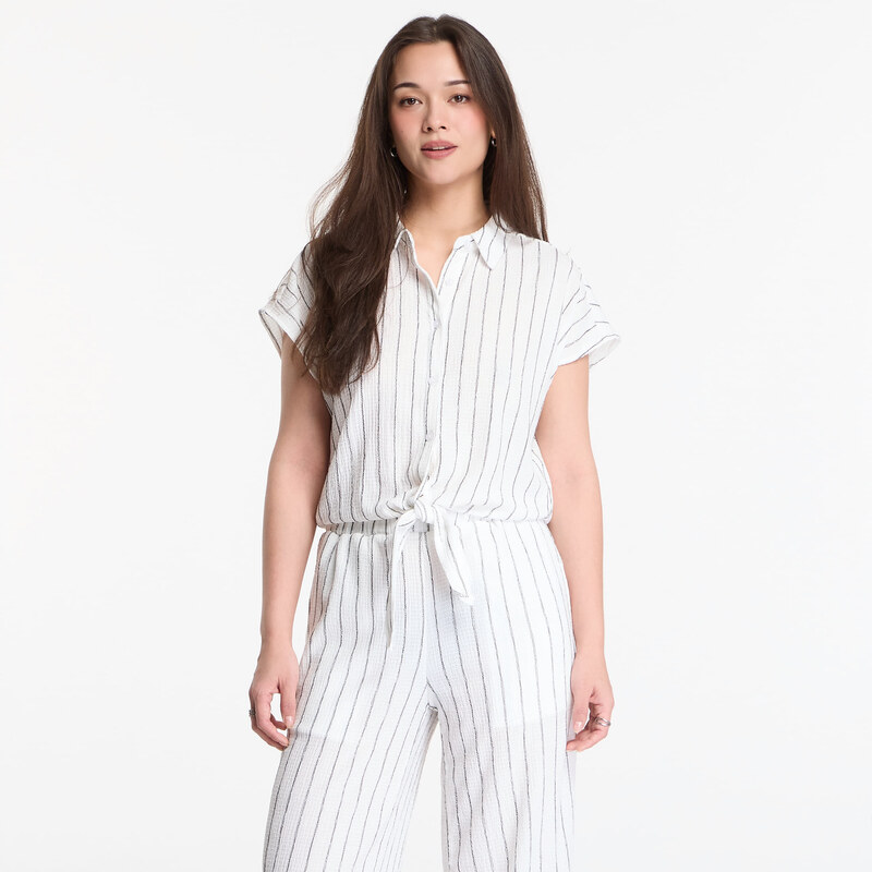 Košile Urban Classics Ladies Structured Striped Tied Blouse Off White/ 115530487