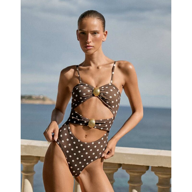 4th & Reckless gold metal detail cutout front high leg swimsuit in 115532058