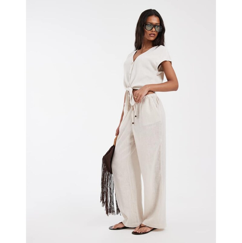 ONLY linen blend wide leg trouser co-ord in beige-Neutral