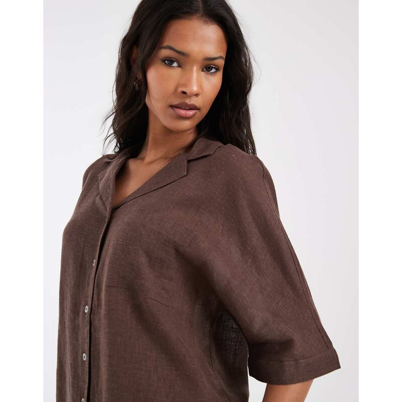 ONLY linen blend short sleeve shirt co-ord in dark brown