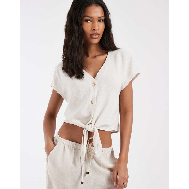 ONLY linen mix tie front sleeveless top co-ord in beige-Neutral