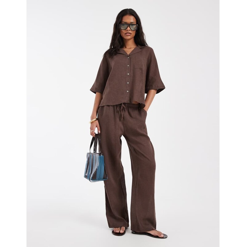 ONLY linen blend wide leg trouser co-ord in brown 115532067
