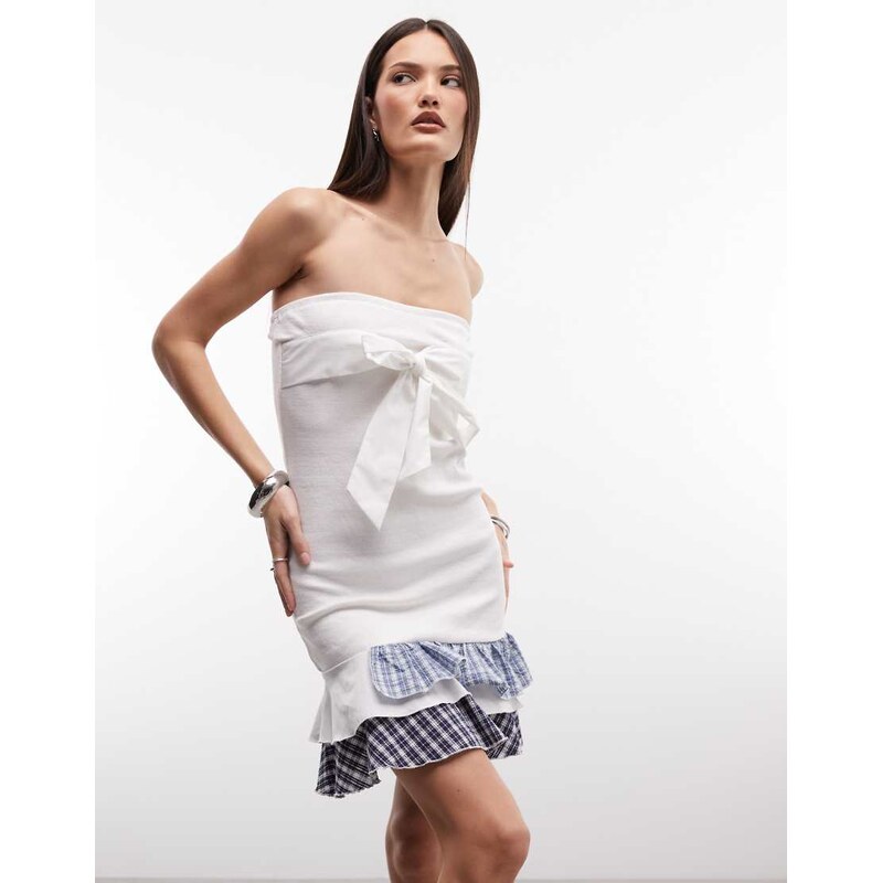 Susmies gardenia bow front mini dress with check ruffles in white 115532119