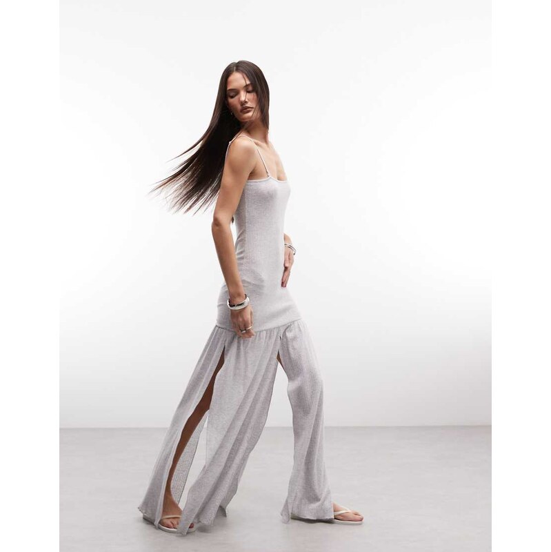 Susmies jasmine strappy pointelle split front maxi dress in grey 115532122