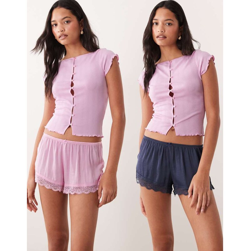 Cotton On sleep washed satin lace short set in pink and blue