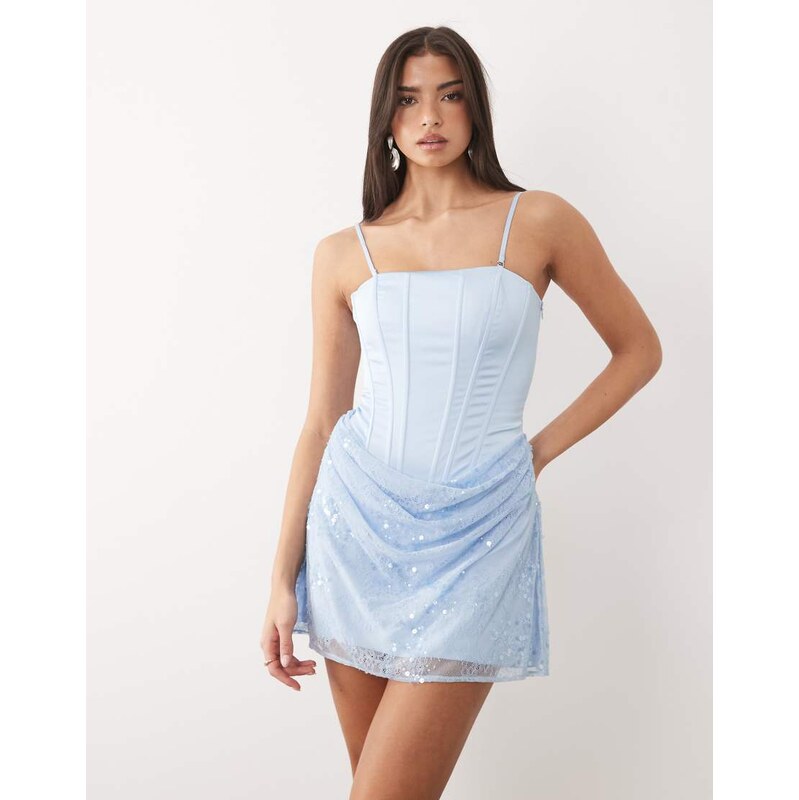 Oh Polly premium satin embellished skirt mini dress in sky blue