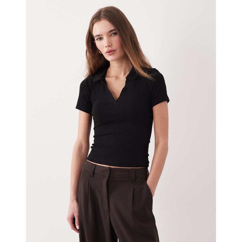Miss Selfridge fitted rib polo top with picot stitch in black 115531920