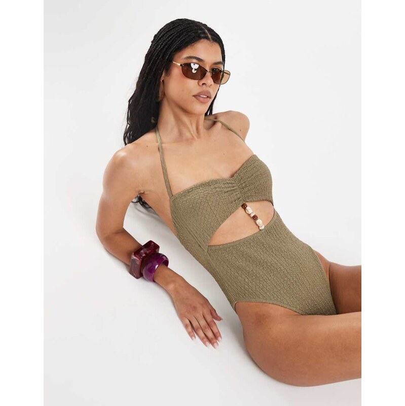 Reclaimed Vintage swimsuit with cutouts and beads in green