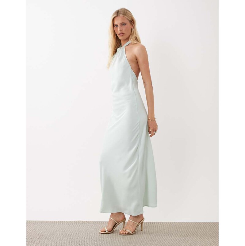 JDY halter neck satin maxi dress in light blue-Green