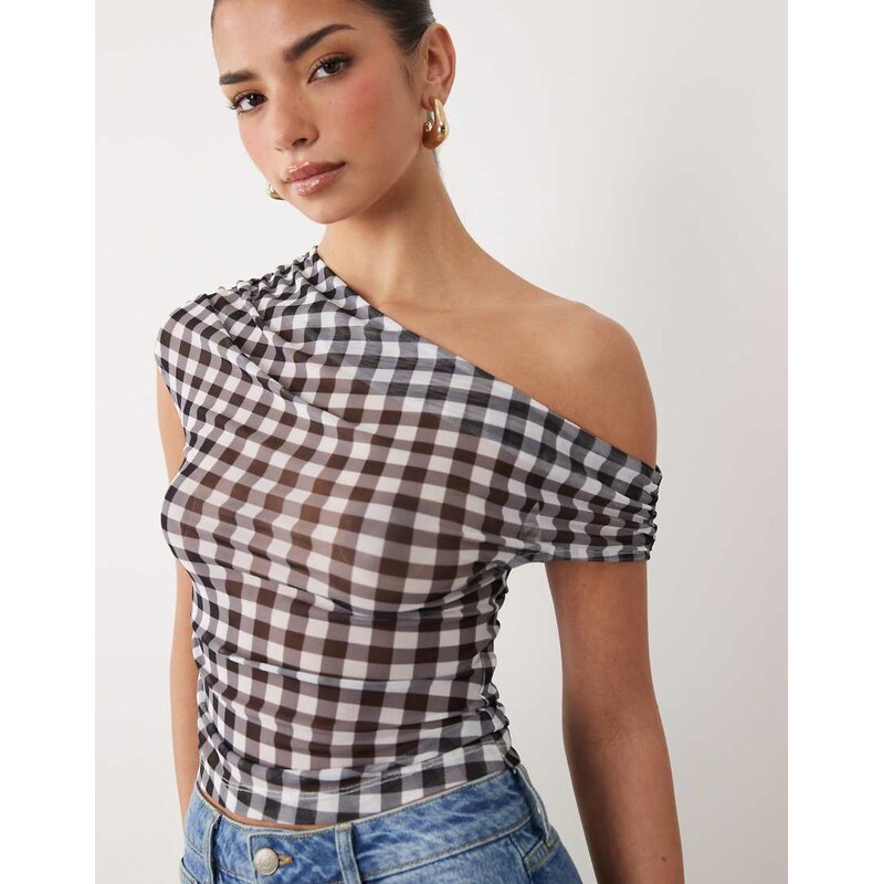 ASOS DESIGN sheer mesh ruched off shoulder asymmetric top in