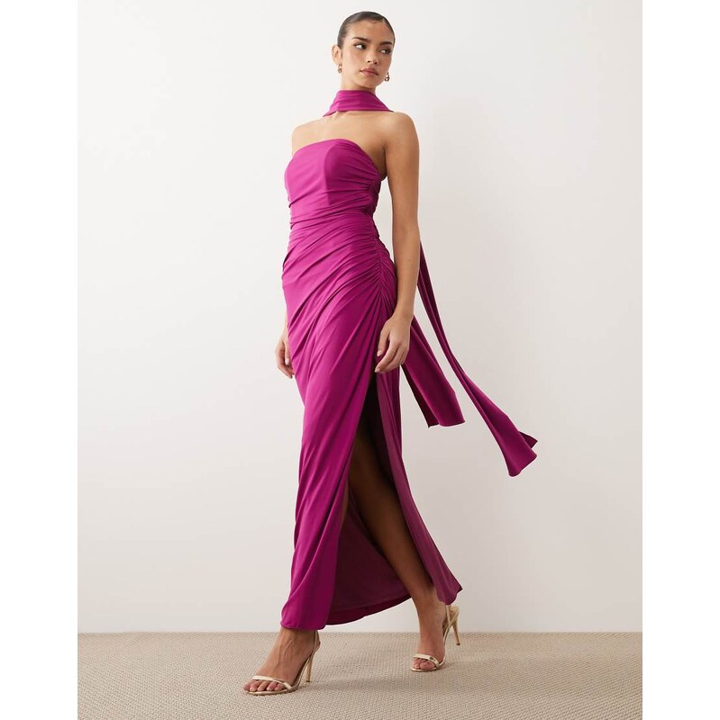 TFNC slinky bandeau ruched maxi dress with scarf in fuchsia-Pink