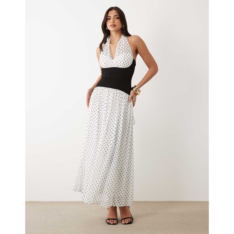 TFNC chiffon contrast waistband halter neck maxi dress in white polka 115532137