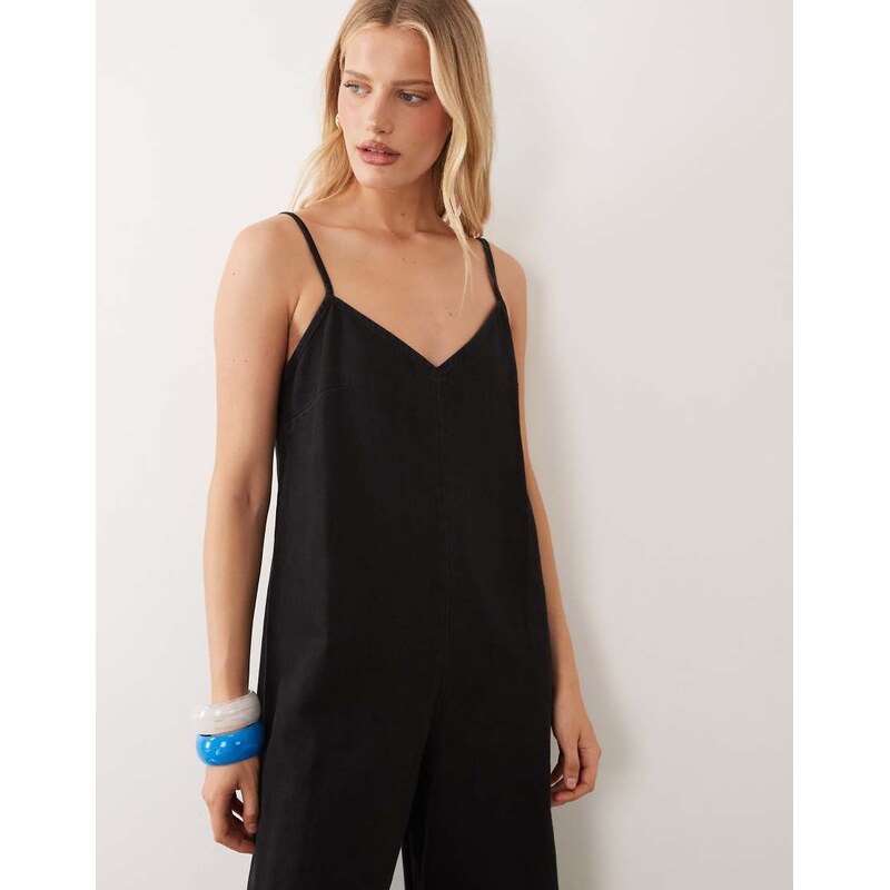 ASOS DESIGN soft denim jumpsuit with wide leg in black