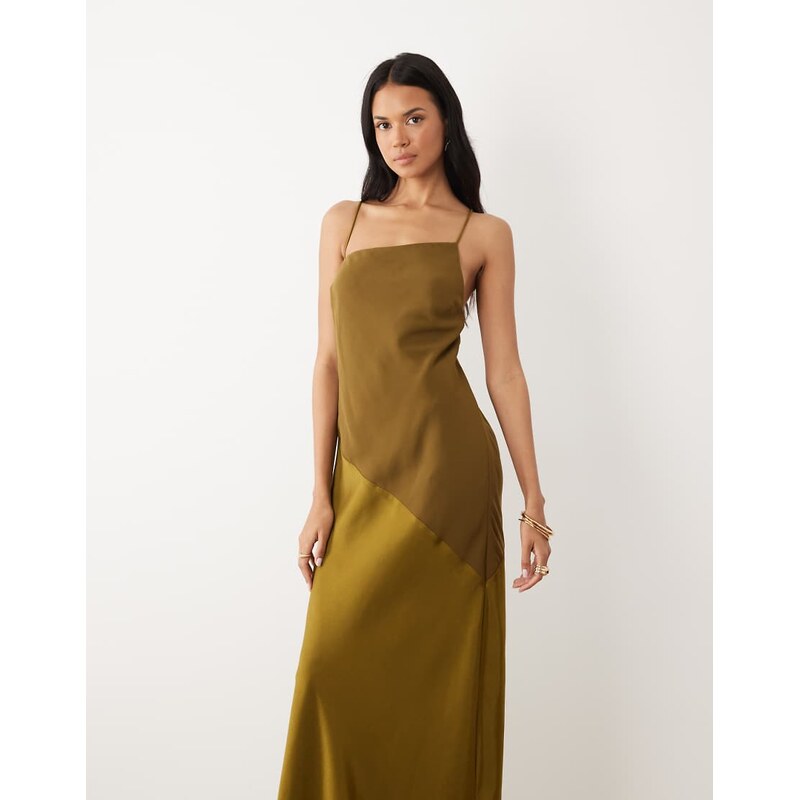 ASOS DESIGN hybrid satin panel cami maxi dress in olive green