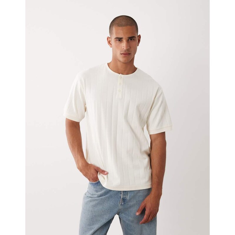 ASOS DESIGN t-shirt with henley neck in cream wide rib-White
