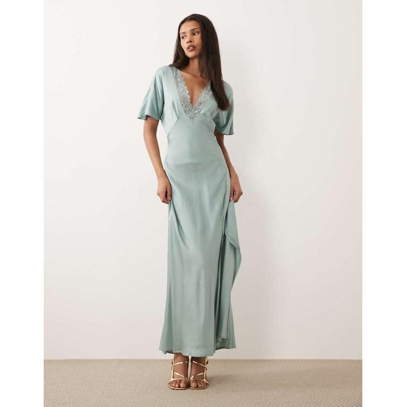Vila lace trim v neck satin maxi dress in blue surf