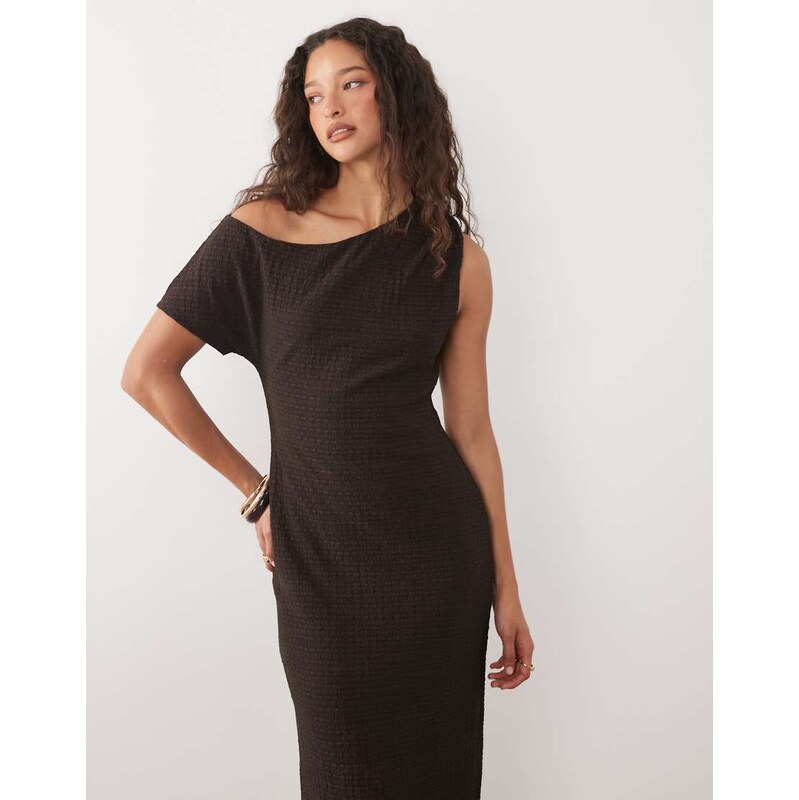 ASOS DESIGN textured jersey off shoulder midi dress in brown