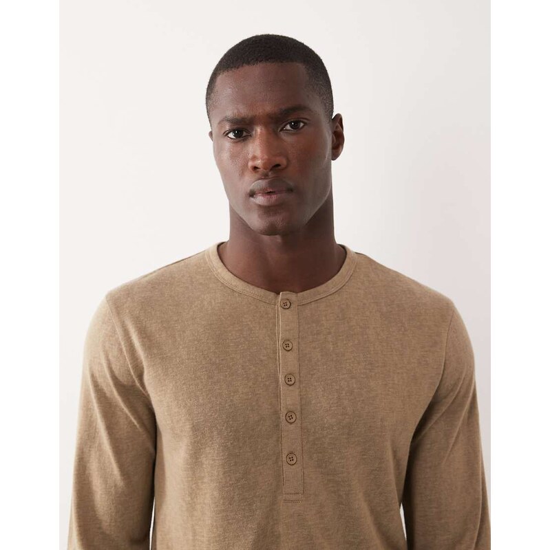 ASOS DESIGN regular fit long sleeve t-shirt with henley neck in brown linen look