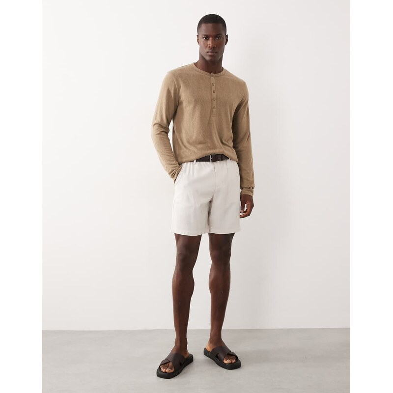 ASOS DESIGN regular fit long sleeve t-shirt with henley neck in brown linen look