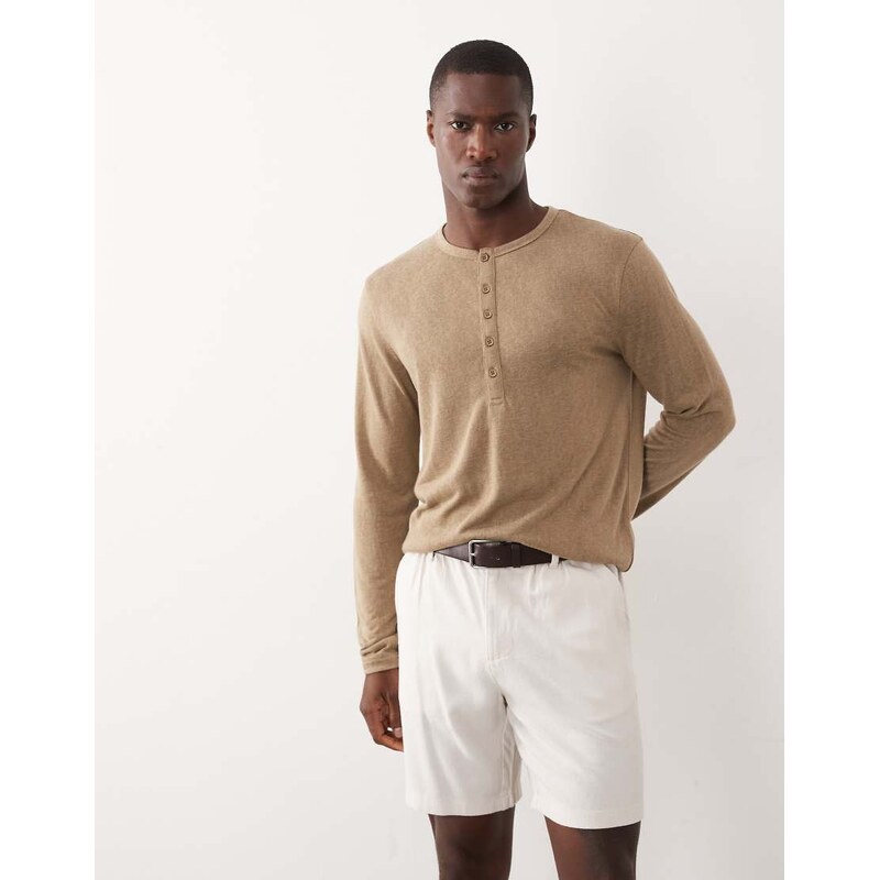 ASOS DESIGN regular fit long sleeve t-shirt with henley neck in brown linen look