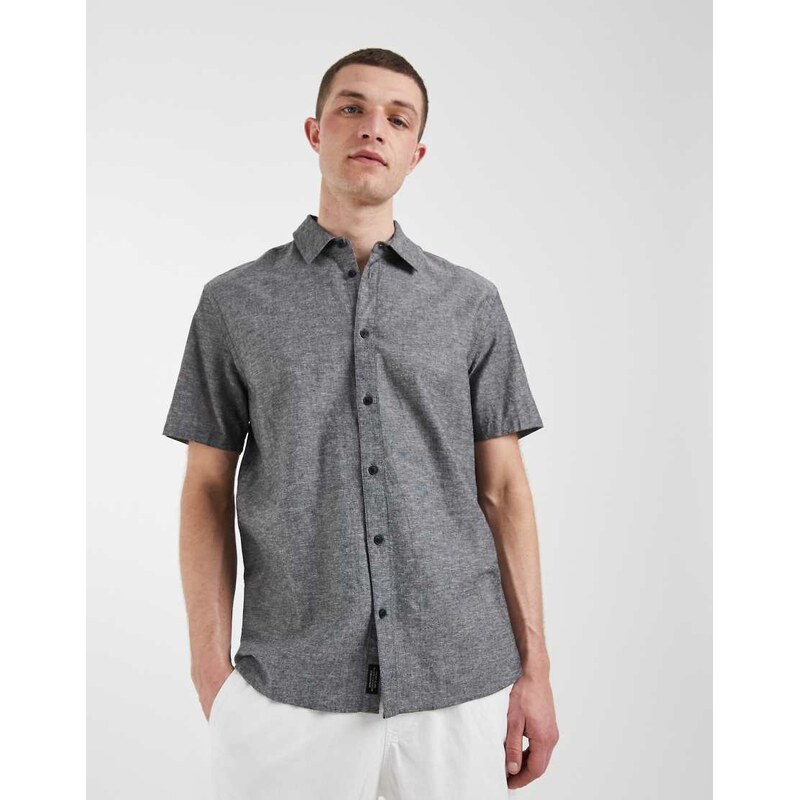 BLEND cotton-linen regular fit shirt in grey melange-Black