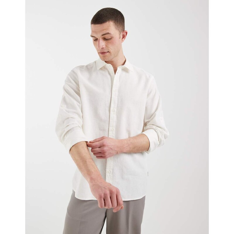 BLEND cotton-linen regular fit long sleeve shirt in white