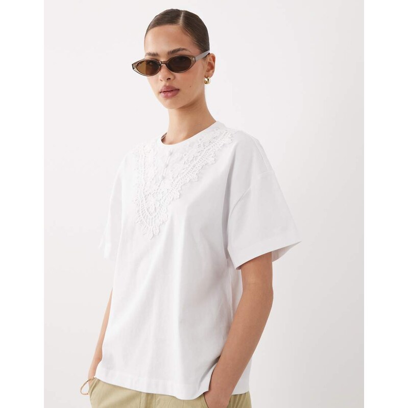 Miss Selfridge oversized t-shirt with lace trim in white