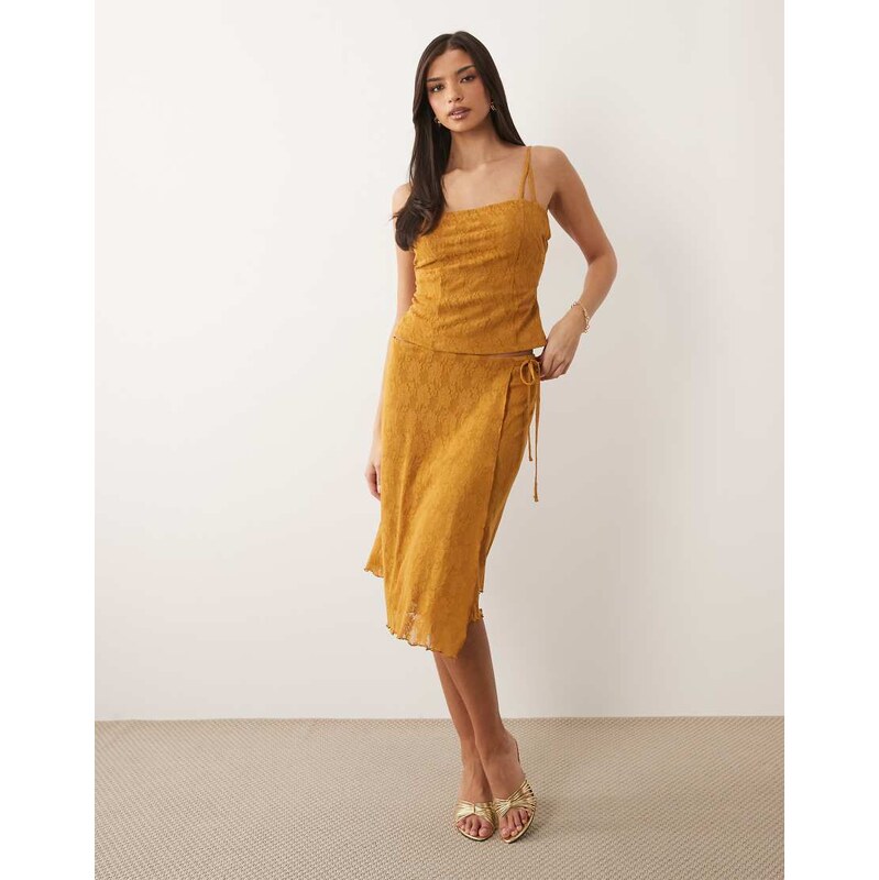 ASOS DESIGN co-ord wrap over lace midi length skirt in brown