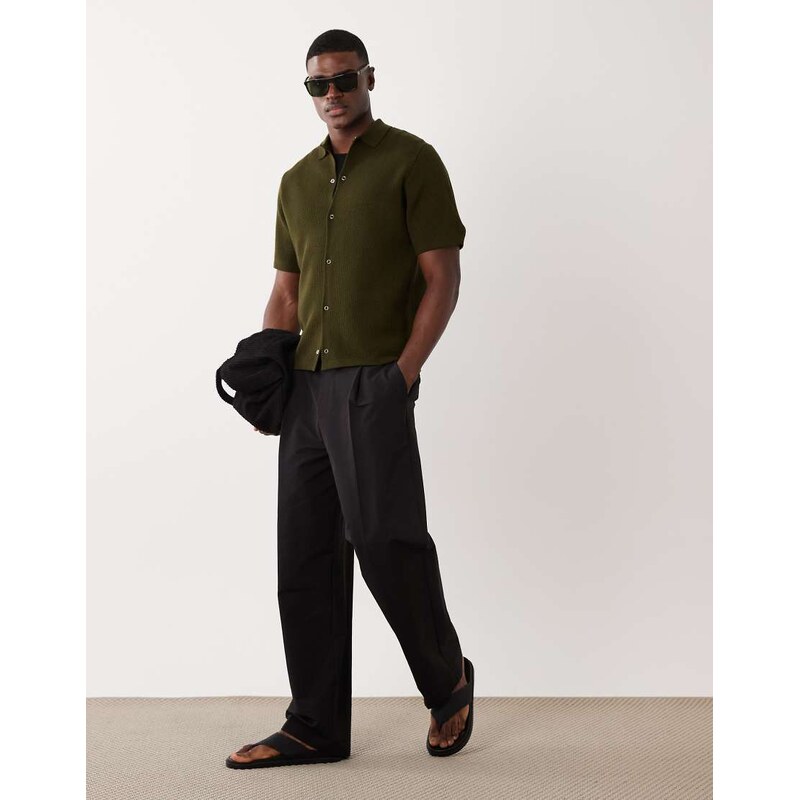 ASOS DESIGN relaxed knitted waffle button through in khaki-Green