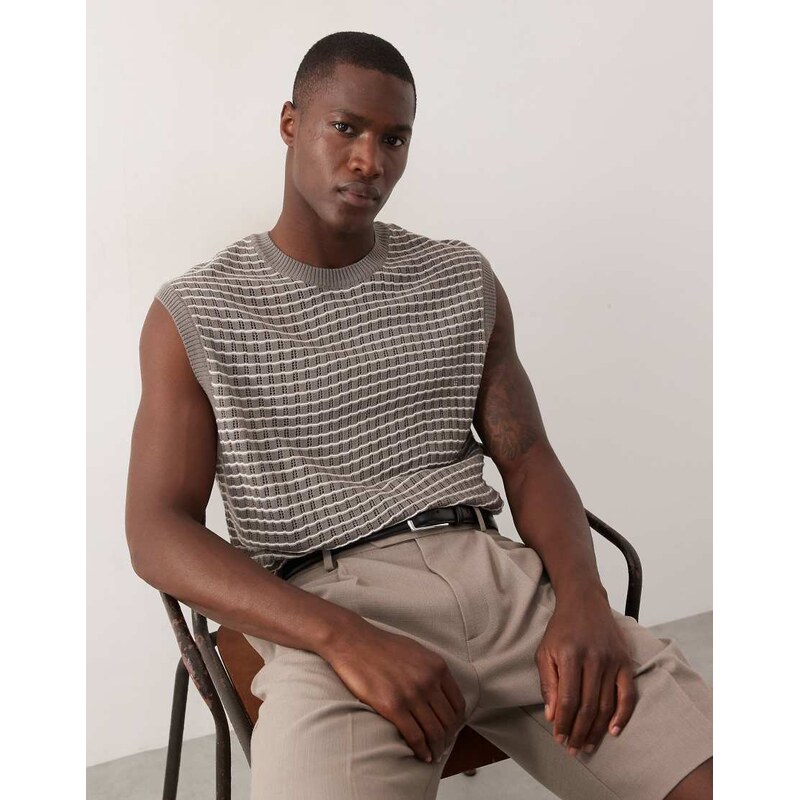 ASOS DESIGN relaxed knitted textured vest in stone-Neutral