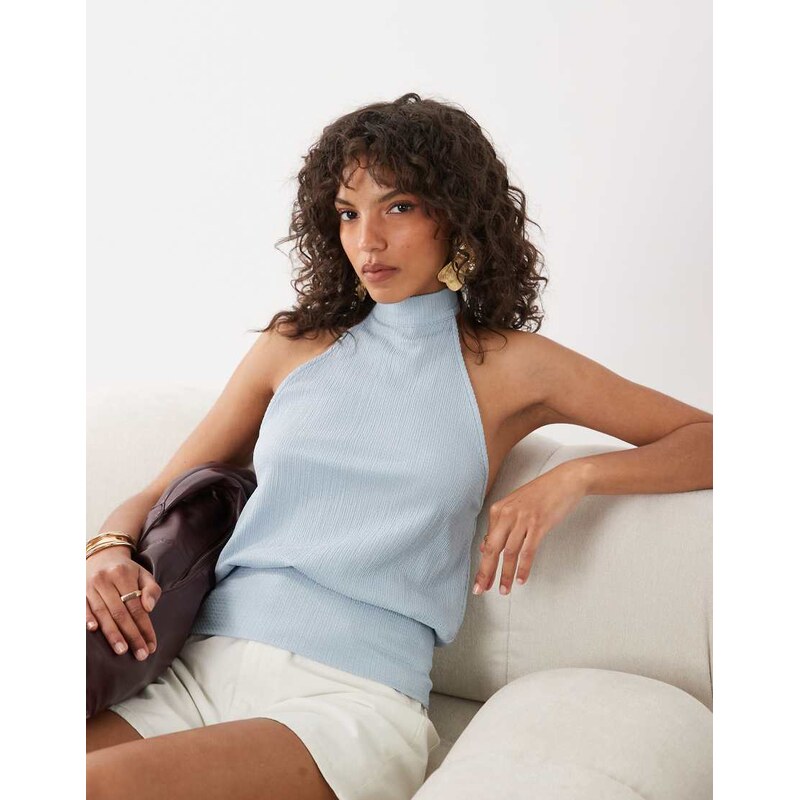 ASOS DESIGN textured halter neck top in light blue