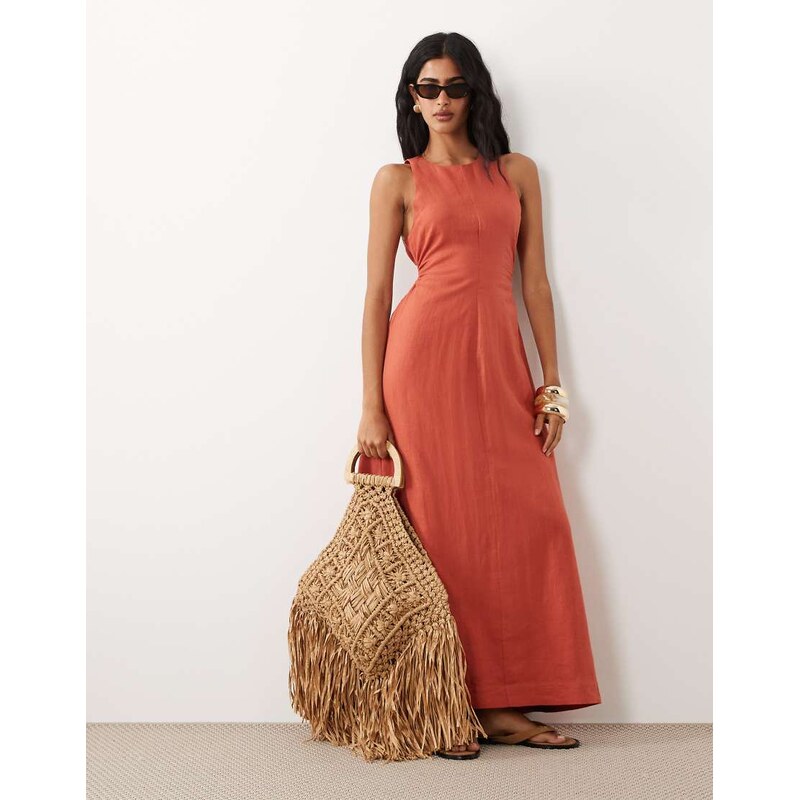 ASOS DESIGN premium 100% linen waisted maxi dress with open back