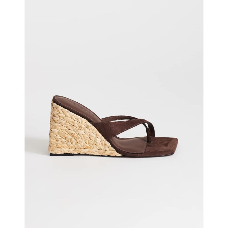 Topshop Naomi raffia wedge toe thong mule sandal in chocolate faux 115634302