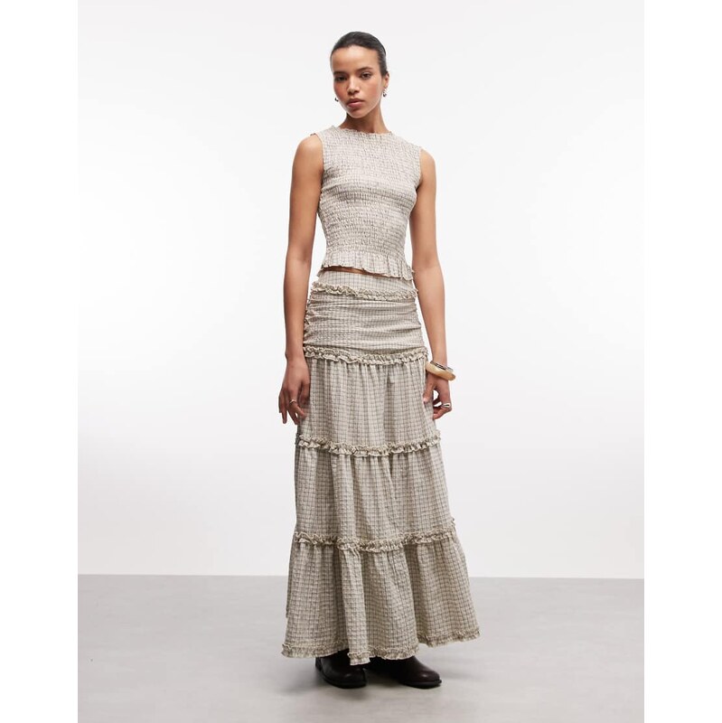 Daisy Street drop waist tiered maxi skirt in cream blue check co-ord 115610076
