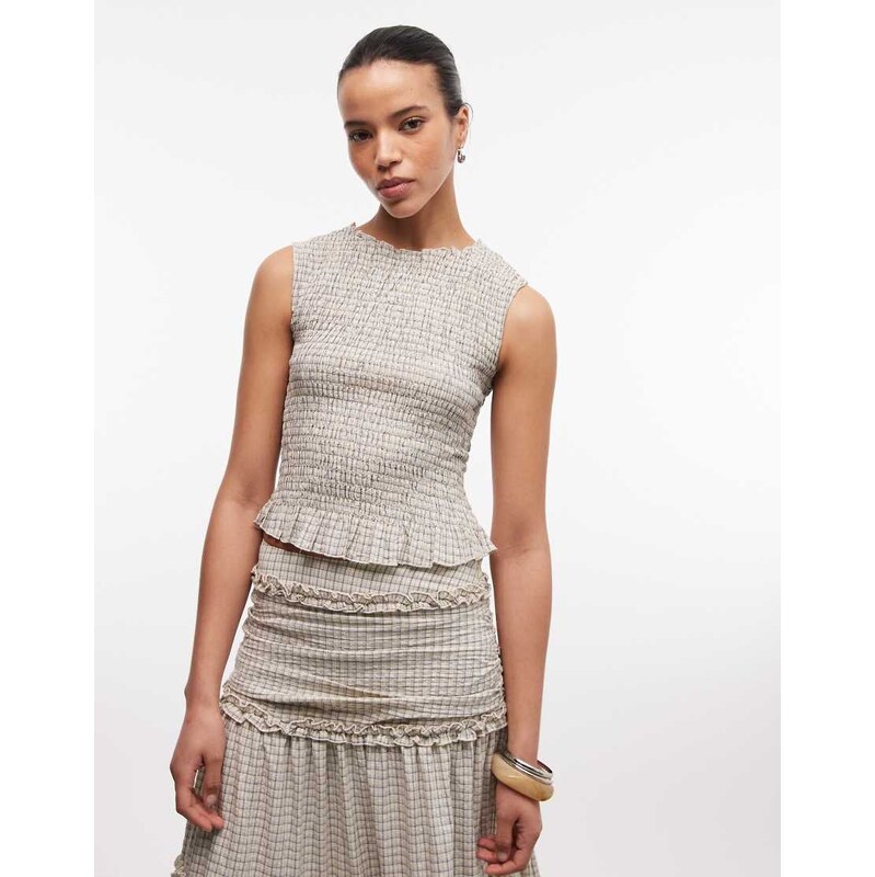 Daisy Street shirred top in cream blue check co-ord-Multi