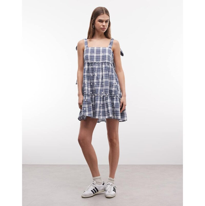 Daisy Street tiered smock mini dress in navy gingham