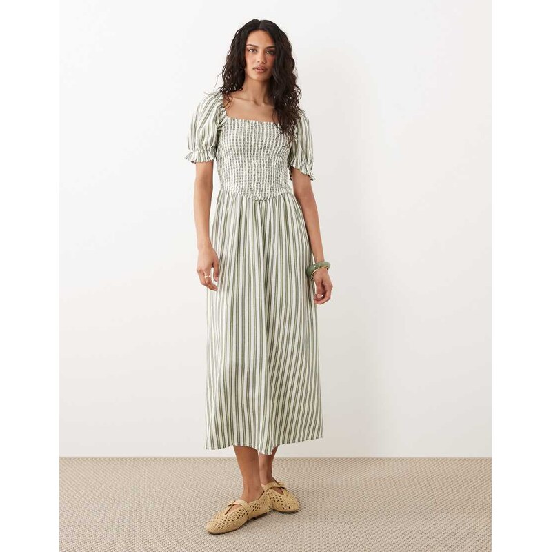 New Look puff sleeve stripe shirred midi dress in green
